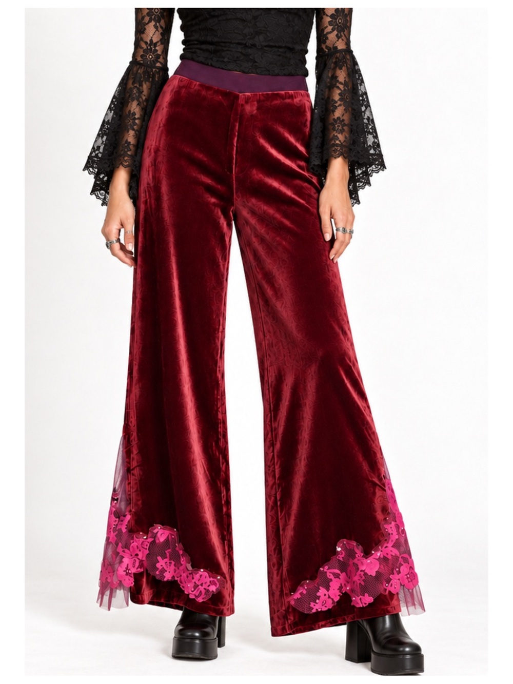 PINKO Silk Blend Crushed Velvet Beaded Flare Pants Women's 6 Whimsigoth